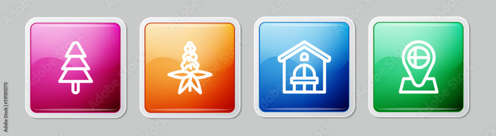Set line Tree, Lupine flower, Farm house and Location flag Iceland. Colorful square button. Vector Set line Tree, Lupine flower, Farm house and Location flag Iceland. Colorful square button. Vector