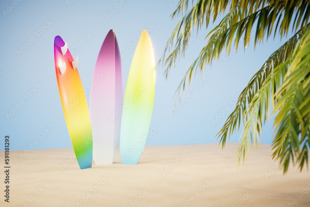 the concept of surfing on the beach. surfboards on a sandy beach with palm trees. 3D render