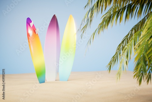 the concept of surfing on the beach. surfboards on a sandy beach with palm trees. 3D render