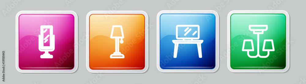 Set line Big full length mirror, Floor lamp, TV table stand and Chandelier. Colorful square button. Vector Set line Big full length mirror, Floor lamp, TV table stand and Chandelier. Colorful square button. Vector
