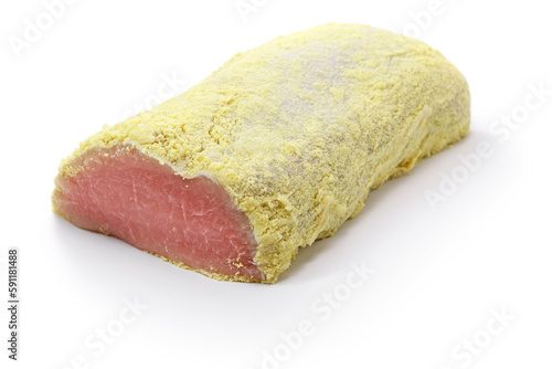 homemade peameal bacon isolated on white background photo