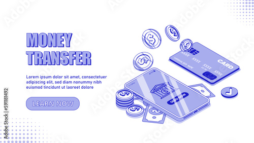Money transfer concept. Smartphone lies next to bank card. Electronic transactions and banking. Online payment and shopping, ewallet. Landing page design. Cartoon isometric vector illustration