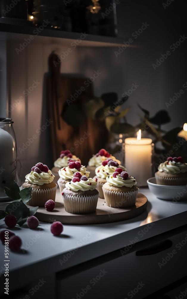 A quaint Christmas kitchen scene with freshly baked cupcakes adorned with cream and berries, juxtaposed with glowing candles, painting a picture of holiday coziness.