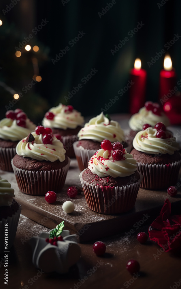 Decadent holiday cupcakes, set against the soft glow of candles, surrounded by Christmas ornaments and rich hues, encapsulating the spirit of the season. Decadent holiday cupcakes, set against the soft glow of candles, surrounded by Christmas ornaments and rich hues, encapsulating the spirit of the season.