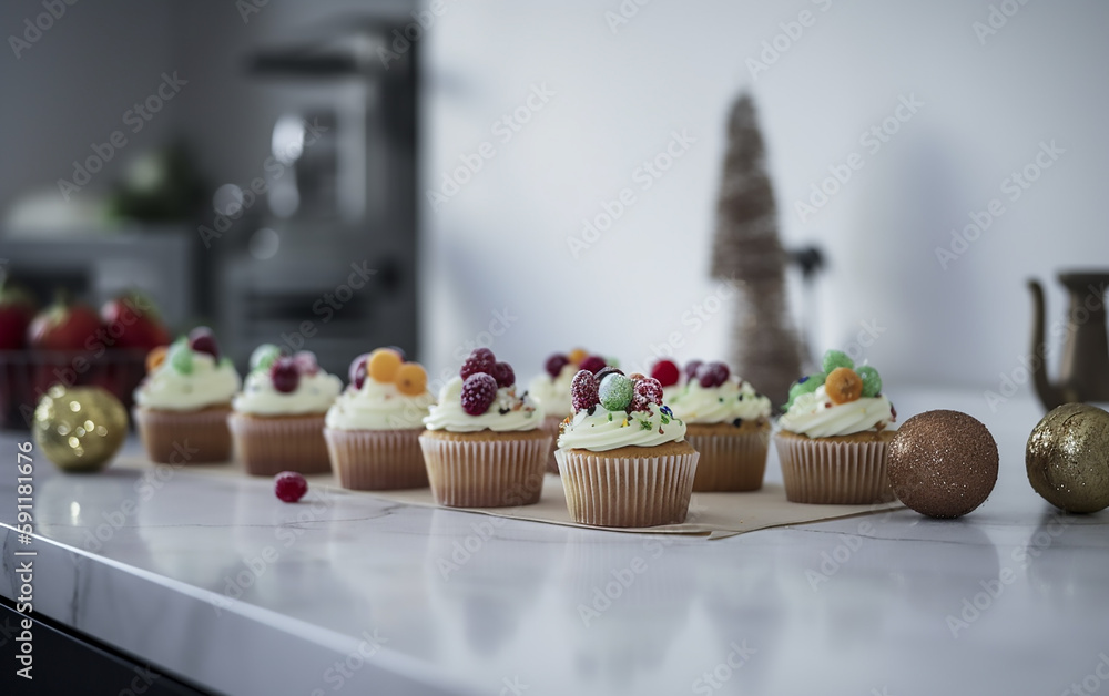 A set of pastel-hued cupcakes adorned with berries and festive toppings, elegantly placed on a modern kitchen counter alongside Christmas decor. A set of pastel-hued cupcakes adorned with berries and festive toppings, elegantly placed on a modern kitchen counter alongside Christmas decor.