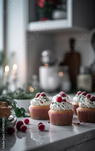 Luscious Christmas cupcakes, adorned with red berries, sit regally on a pristine kitchen counter, surrounded by muted holiday decor and soft lighting.
