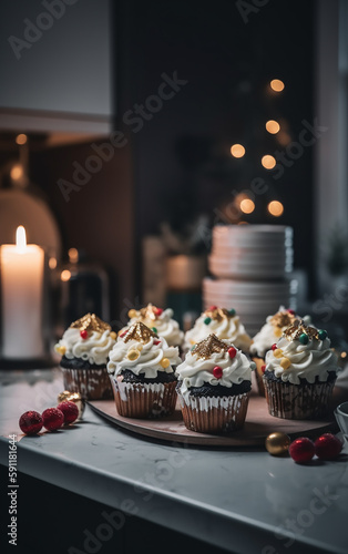 Festive Christmas cupcakes beautifully arranged on a wooden tray, bathed in soft light from glowing candles, creating a warm and inviting holiday ambiance.