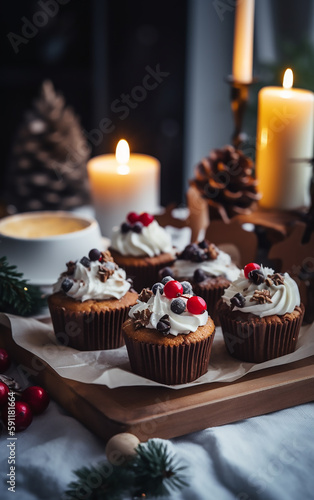 Warmly lit setting featuring Christmas cupcakes surrounded by glowing candles, pine cones, and delicate ornaments, exuding a serene holiday atmosphere.