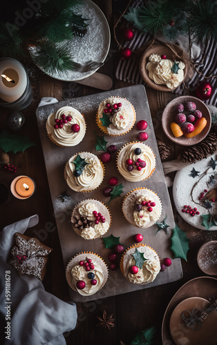 Captivating display of Christmas cupcakes on a wooden table, complemented by candles, pine needles, and festive treats, encapsulating a serene holiday ambiance.