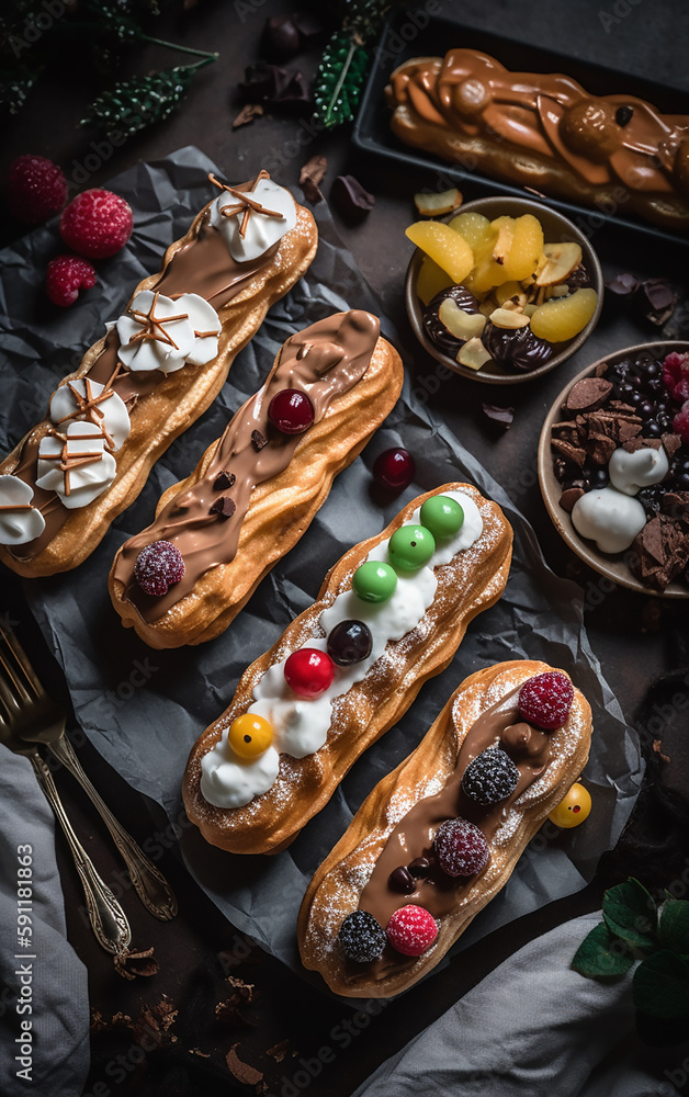 A captivating assortment of éclairs, adorned with vibrant fruits and nestled amid rustic festive touches and greenery.