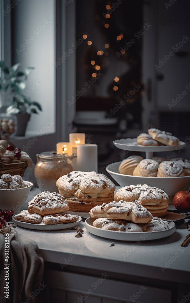 Winter kitchen setting featuring a delightful array of pastries, with twinkling lights and candles emphasizing the festive spirit.