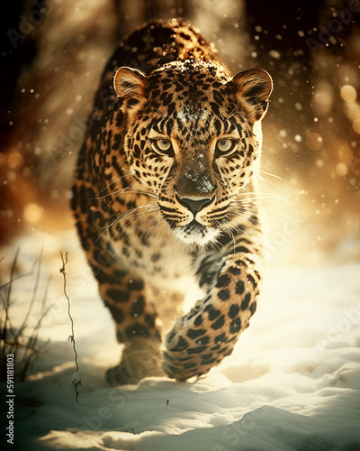 Superb leopard running on the snow ready to attack made with generative AI