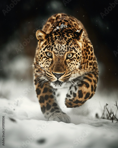 Powerful wild leopard hunting on the snow, frontal view made with generative AI
