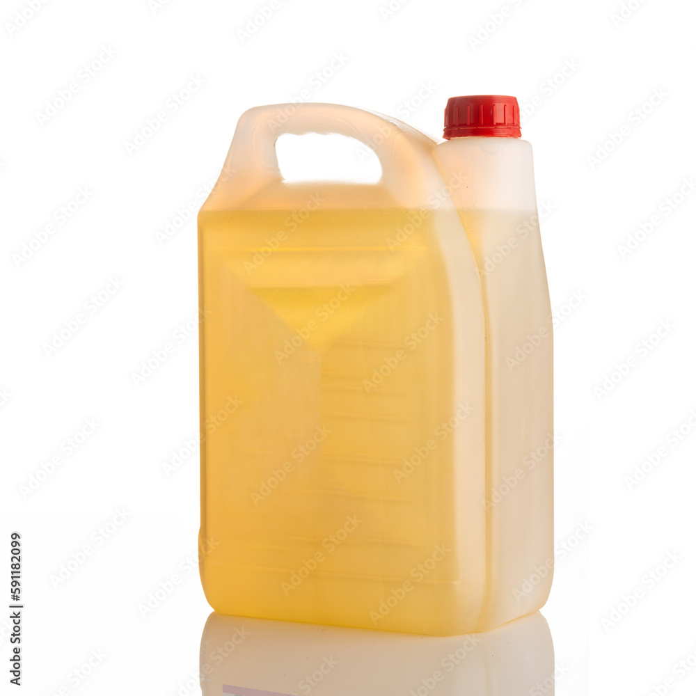 Plastic canister with liquid isolated on a white background.