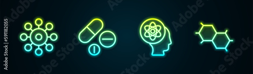 Set line Virus, Medicine pill or tablet, Atom and Chemical formula. Glowing neon icon. Vector