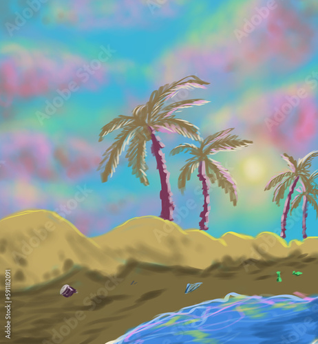 Simple digital Illustration of a landscape with sea. The sky is blue, with pink clouds. The beach is dirty.