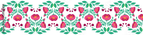 Vector floral seamless border. Folk art decoration with with currant berries and cherry flowers. Rustic floral ornament