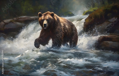 Grizzly bear hunting in a river for salmon © Skrotaa