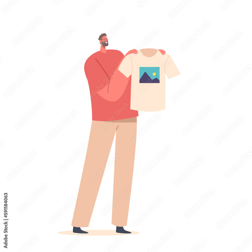 Male Character Holding T-shirt Model With Silk-printed Image, Showcasing The Design's Vibrant Colors And Detailing Male Character Holding T-shirt Model With Silk-printed Image, Showcasing The Design's Vibrant Colors And Detailing