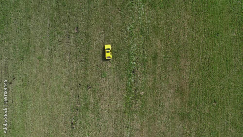 Top view of a yellow retro car ride through the green spring meadow full of grass and white flowers,near the little river, tracking camera Top view of a yellow retro car ride through the green spring meadow full of grass and white flowers,near the little river, tracking camera