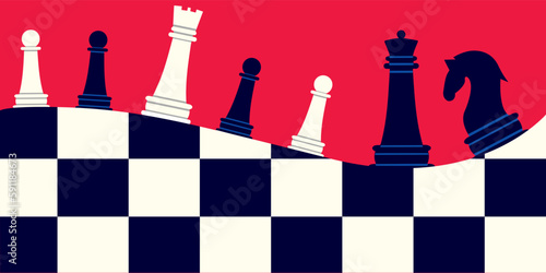 Chess pieces on a chessboard in a creative style on a red background.