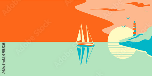 Vector illustration of a yacht or sailboat next to a lighthouse on the seashore against the backdrop of the sun in retro style.