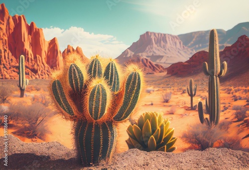 Leinwand Poster Illustration of a large cactus against the backdrop of mountains in the desert