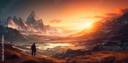 Sporty man on the mountain peak looking on mountain valley with sunbeams at colorful sunset in autumn. Landscape traveler, foggy hills, forest in fall, amazing sky and sunlight in fall. Generative Ai © Kowit