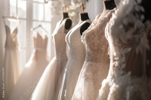 Various elegant wedding dresses in shop.  photo