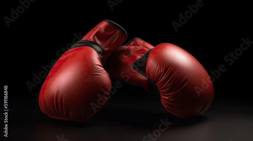 Pair of red leather boxing gloves on black background. Pair of red leather boxing gloves,sport and competition concept. Generative Ai. © Kowit
