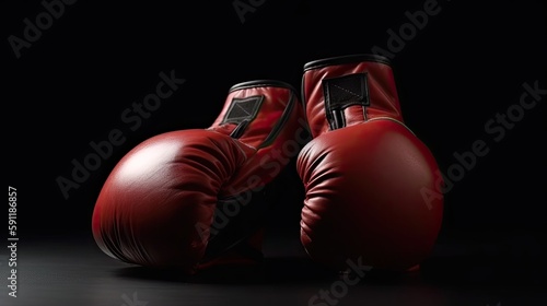 Pair of red leather boxing gloves on black background. Pair of red leather boxing gloves,sport and competition concept. Generative Ai.