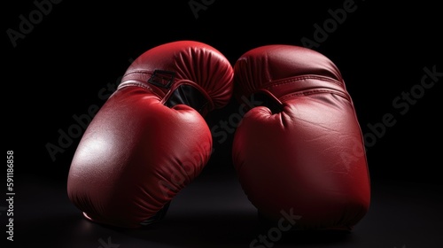 Pair of red leather boxing gloves on black background. Pair of red leather boxing gloves,sport and competition concept. Generative Ai. © Kowit