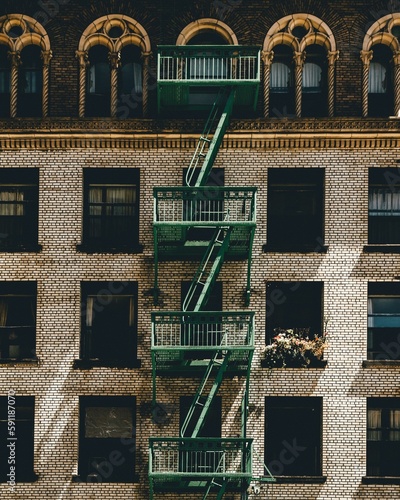 Fotografia, Obraz Vertical shot of the exterior of an old building with green ladder construction