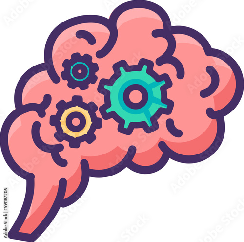 Hemispheres of human brain with convolutions inside an gear mechanism. Brainstorming, sudden idea and thought process. Flat symbol with stroke isolated on white vector