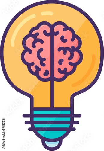 Hemispheres of human brain with convolutions inside an creativity lightbulb. Brainstorming, sudden idea and thought process. Flat symbol with stroke isolated on white vector