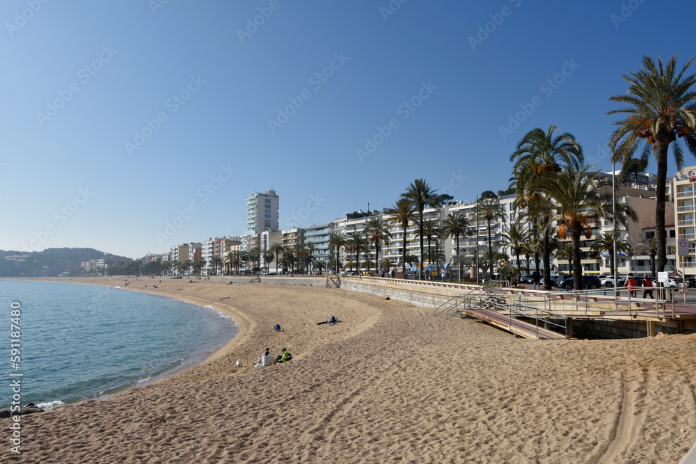 view of beach and village of LLoret de Mar, Costa Brava, Girona province, Catalonia, Spain