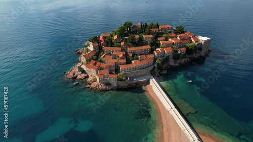 4k aerial footage of sveti stefan, one of the famous spots in montenegro photo