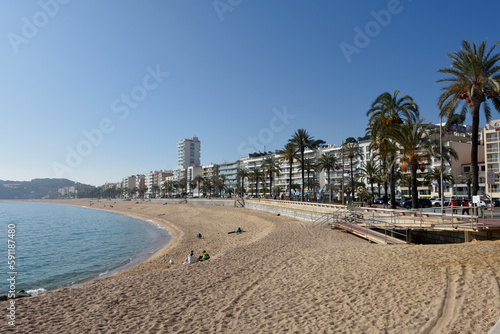 view of beach and village of LLoret de Mar, Costa Brava, Girona province, Catalonia, Spain
