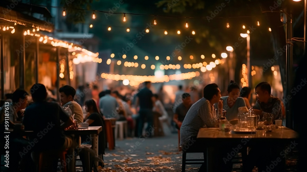 Bokeh background of Street Bar beer restaurant, outdoor in asia, People sit chill out and hang out dinner and listen to music together in Avenue, Happy life ,work hard play hard. Generative AI - obrazy, fototapety, plakaty 
