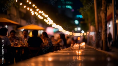 Fotografiet Bokeh background of Street Bar beer restaurant, outdoor in asia, People sit chill out and hang out dinner and listen to music together in Avenue, Happy life ,work hard play hard