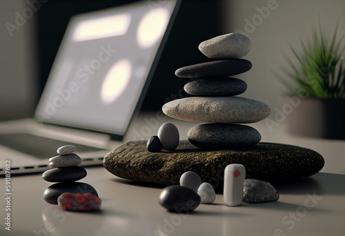 Zen stones stack on a computer laptop office desk background. 3d illustration. Generative AI
