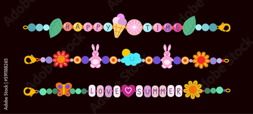 Abstract vector plastic beads colorful kids bracelets illustration set. Happy time love summer and friendship old school 90s cartoon style wristbands collection with icecream and bunnies Isolated