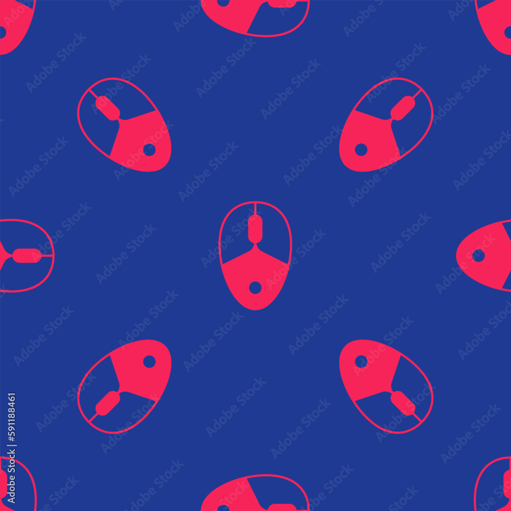 Naklejka premium Red Computer mouse gaming icon isolated seamless pattern on blue background. Optical with wheel symbol. Vector