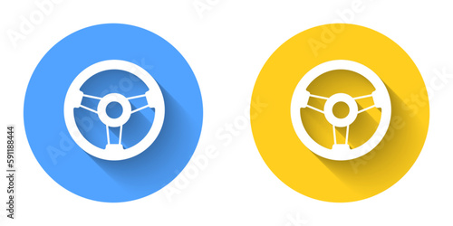 White Racing simulator cockpit icon isolated with long shadow background. Gaming accessory. Gadget for driving simulation game. Circle button. Vector