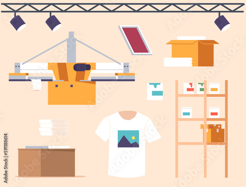 Set of Icons with Silk Screen Printing Studio Equipment, Machinery And Tools for Creating Unique Prints, Illustration