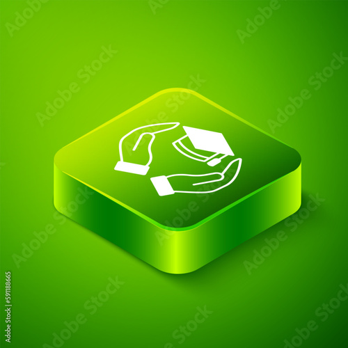 Isometric Education grant icon isolated on green background. Tuition fee, financial education, budget fund, scholarship program, graduation hat. Green square button. Vector