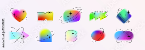 Blurry vector template shapes set y2k aura brutalism effect, orbits, stars. Colorful contemporary decorative holographic gradient elements collection Trendy distressed abstract banners bundle Isolated