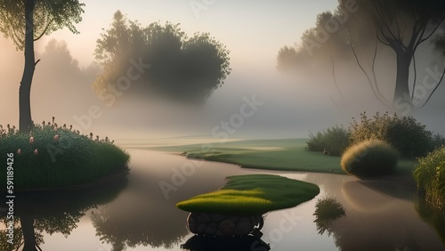 Early Morning Mist Over A Small Pond Along The Road - generative ai