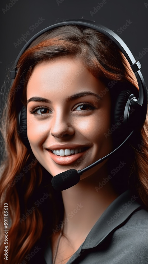 Very beautiful support girl wearing headphones with microphone created with generative AI technology Very beautiful support girl wearing headphones with microphone created with generative AI technology