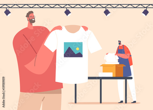 Worker In Studio Presenting Silk Screen Printing On T-shirts and Packing Clothes into Box for Delivery Illustration